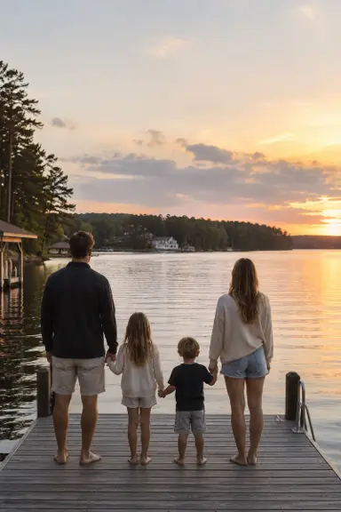 A family on a dock at dusk