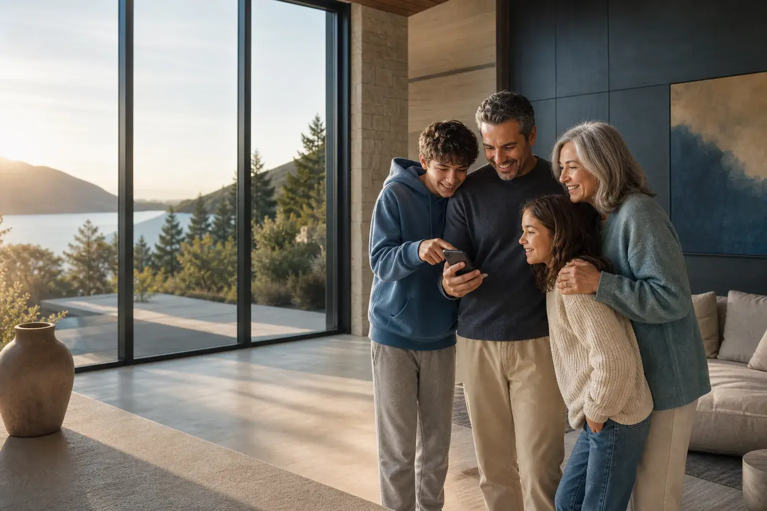 A family sharing a digital guest story on a phone in a vacation home