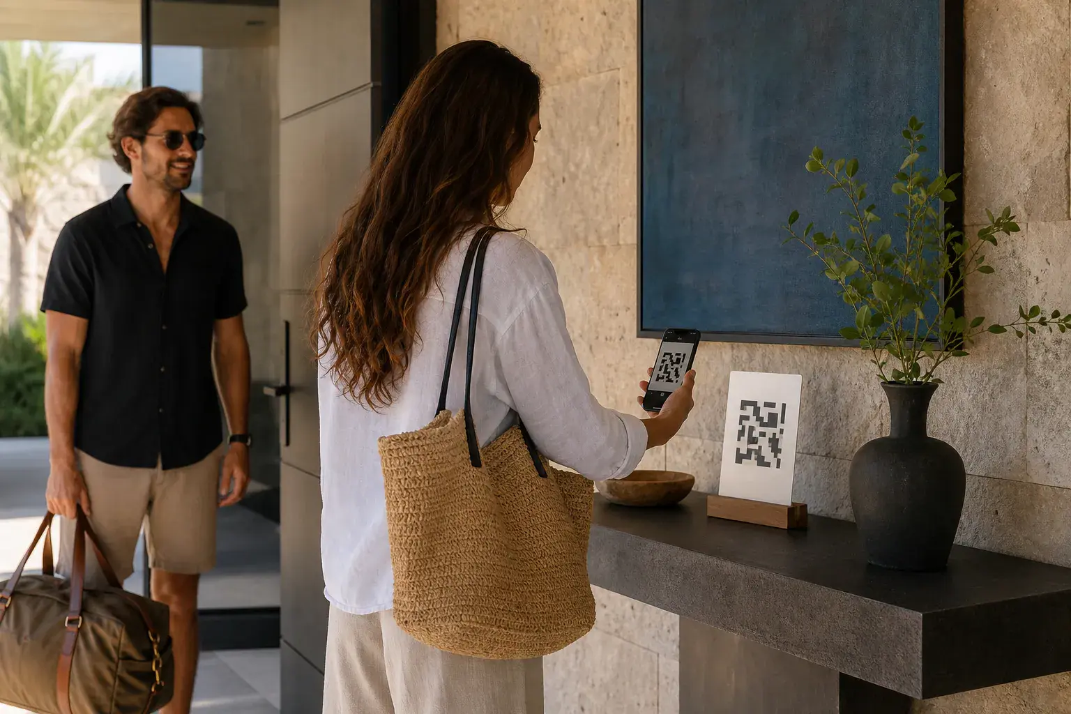 An Airbnb guest scanning a QR invitation and opening the journal on a phone