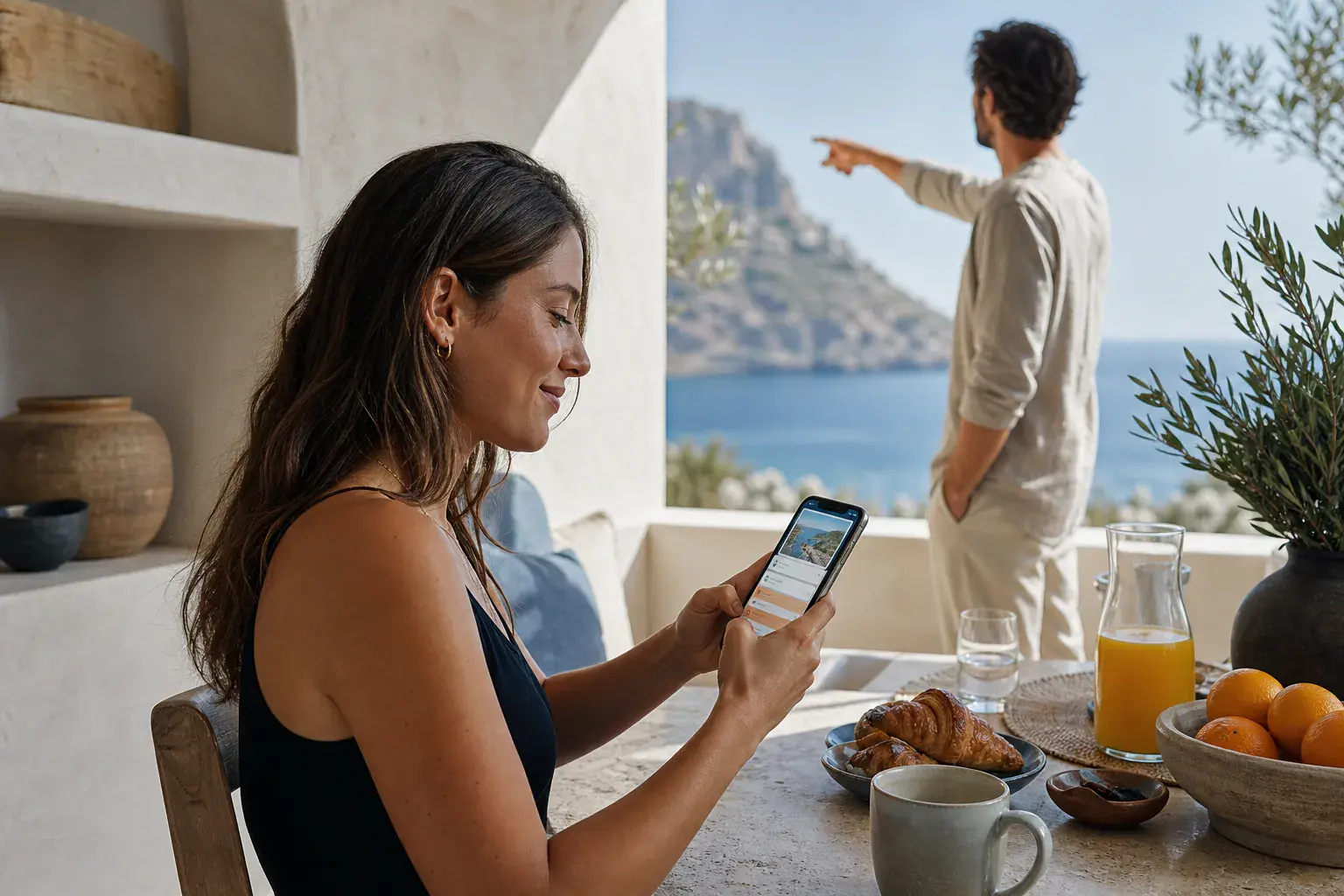 A vacation-home guest choosing a digital journal prompt on a phone