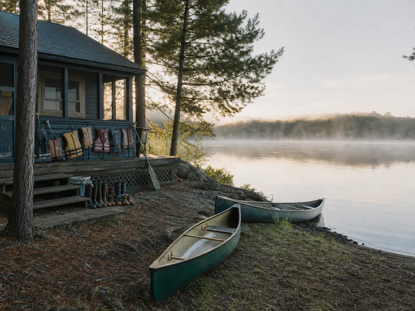 A family fishing cabin with canoes ready beside a misty lake