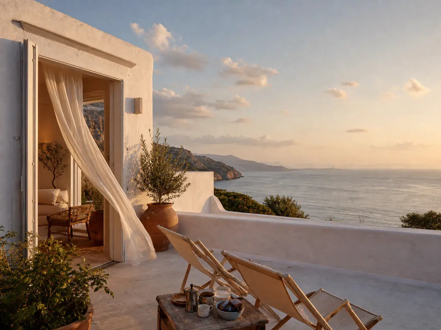 A sunlit coastal rental terrace overlooking the sea