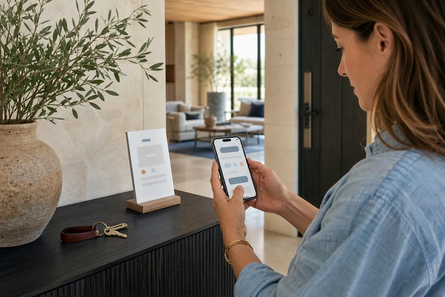A vacation-home owner reviewing a digital journal checklist on a phone