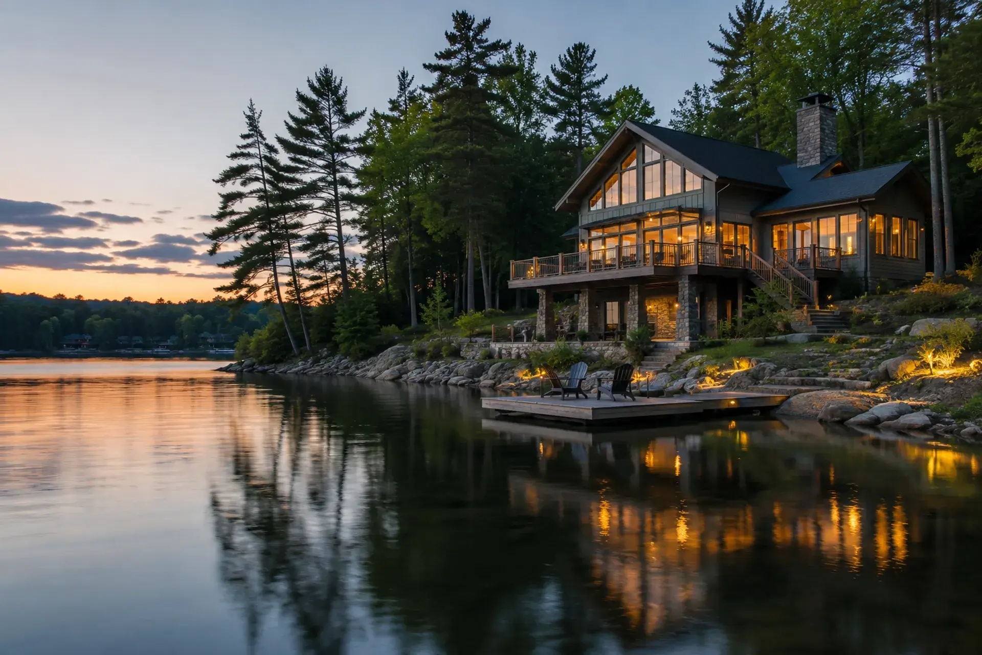 A lake house at dusk, the kind of home whose guestbook fills itself