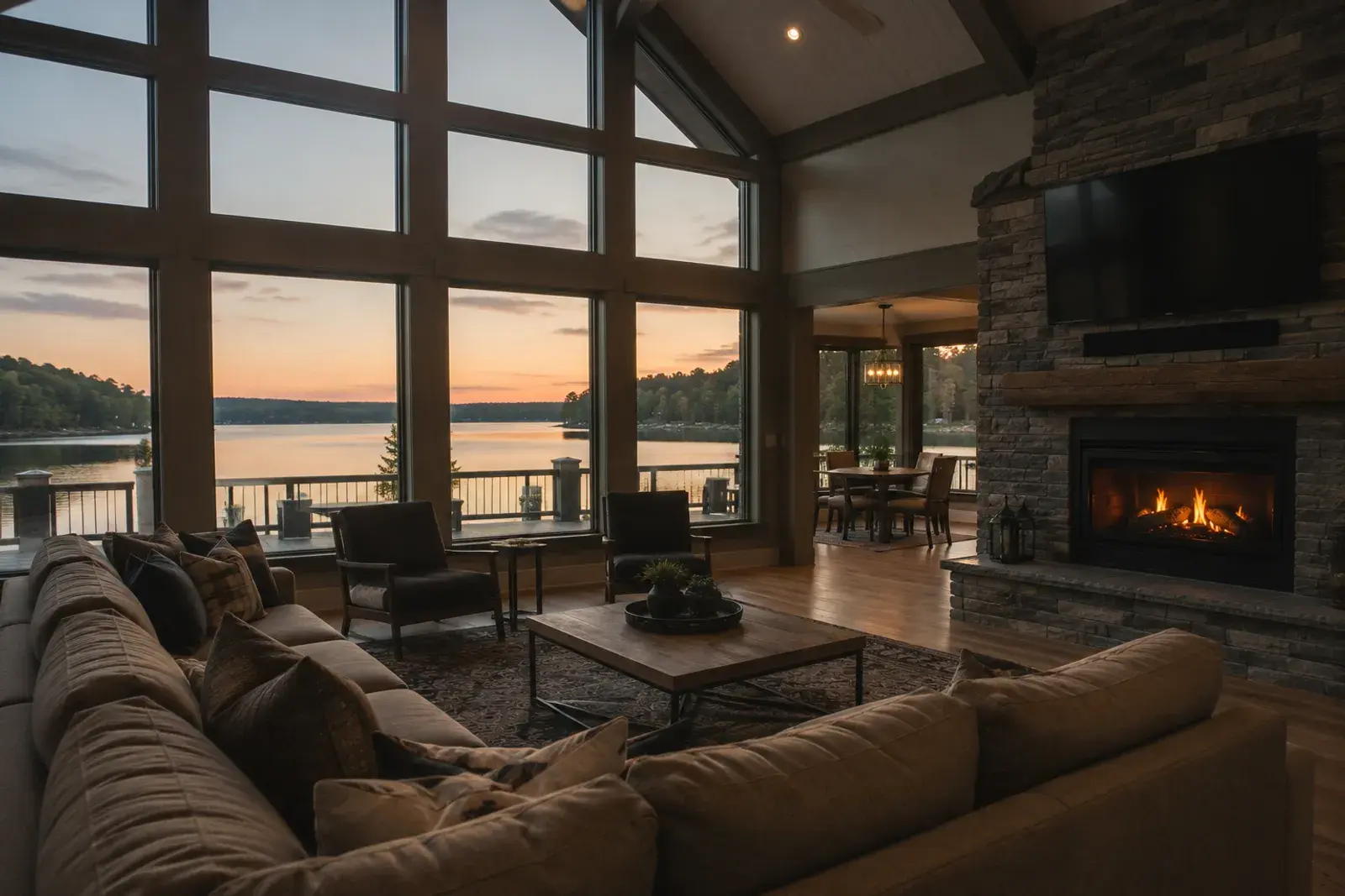 A warm rental living room at dusk, where the guest book waits on the table