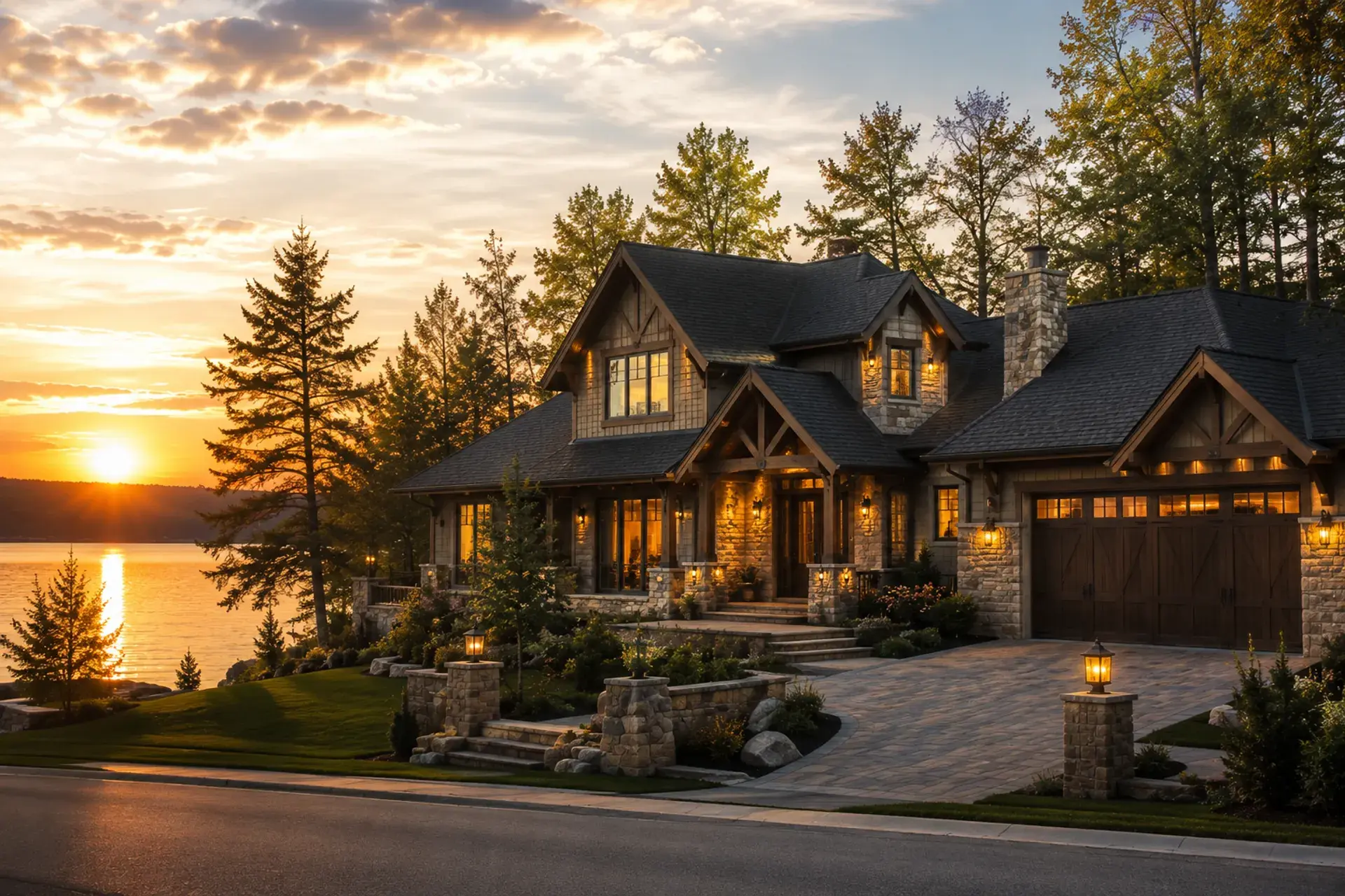 The lake house at sunset, lights on for the last night