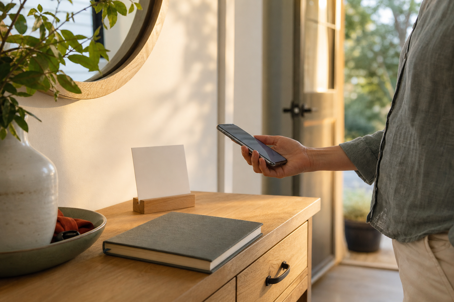 A guest using a phone beside a blank guest-journal invitation at a vacation-home entry