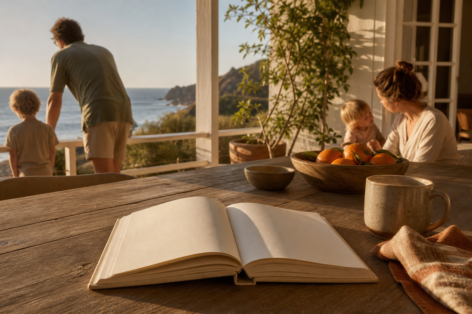 An open guest journal on a vacation-home table while a family enjoys the coast