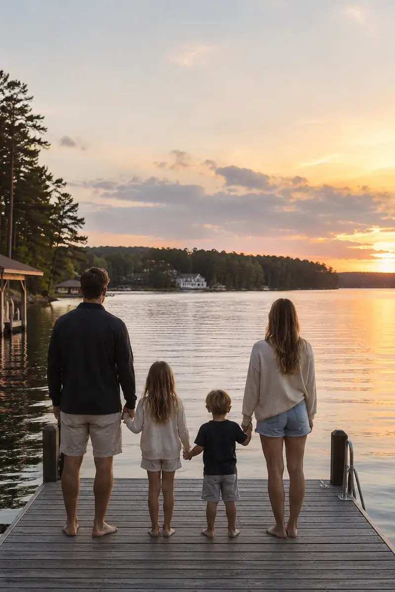 A family spending time together beside the water during a vacation