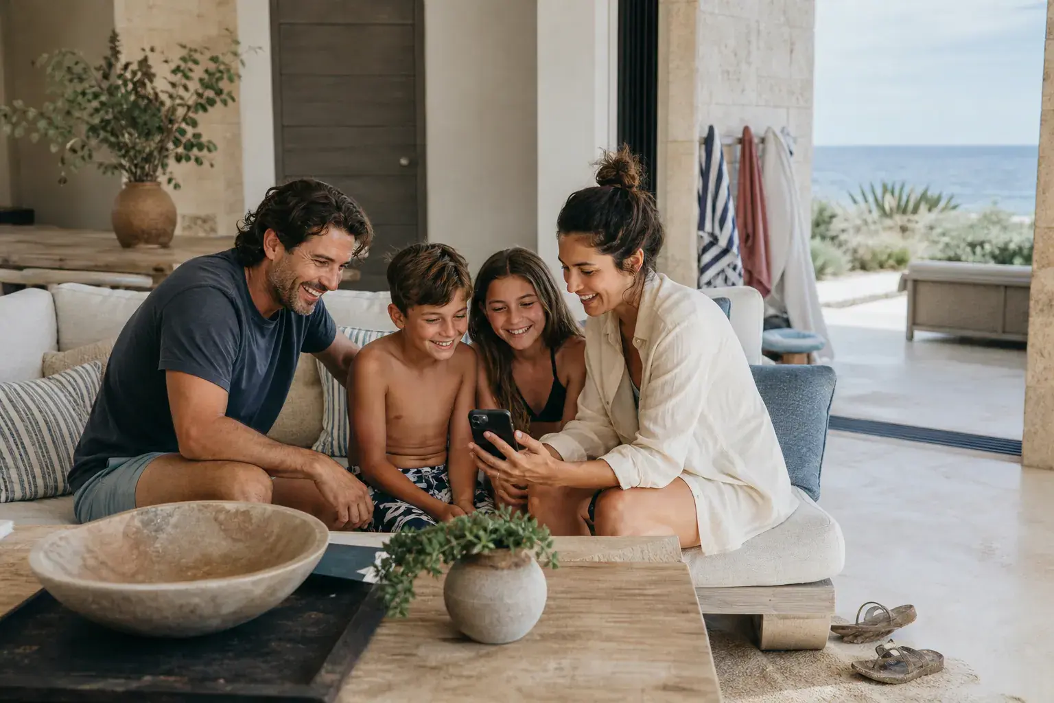 A coastal vacation-home guest adding a journal page on a phone