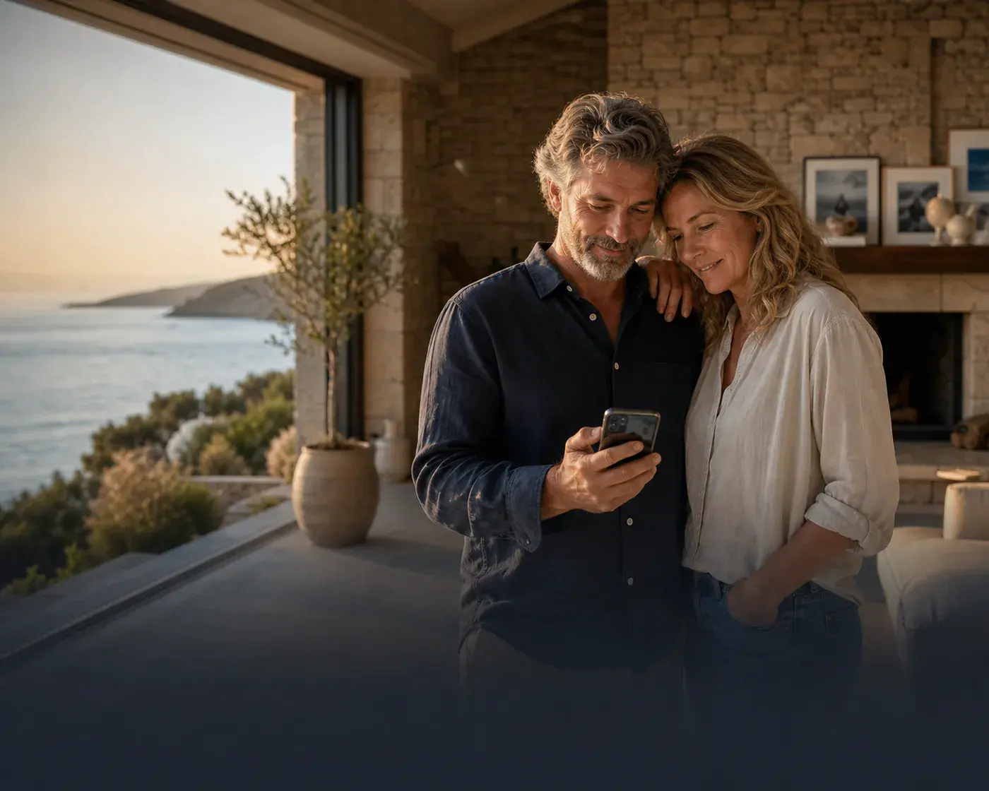Vacation-home owners reviewing guest-created photo stories on a phone