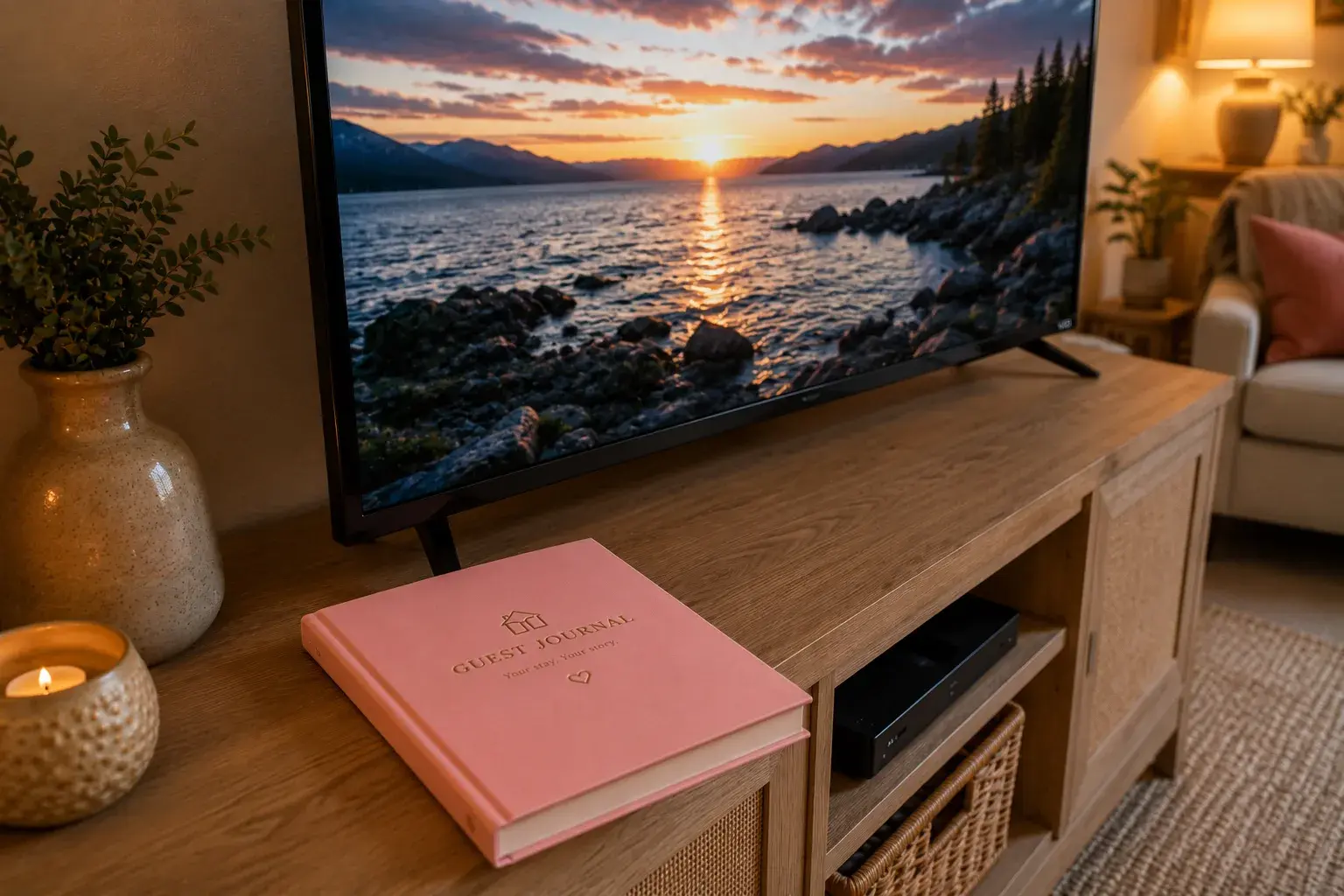 A guest journal waiting on the console of a warmly lit rented home