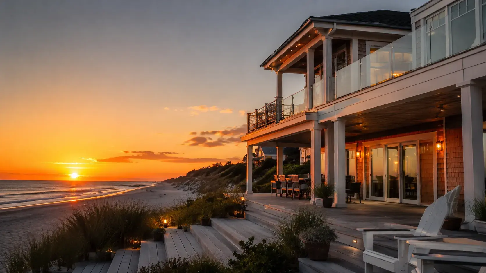 A beach house at sunset