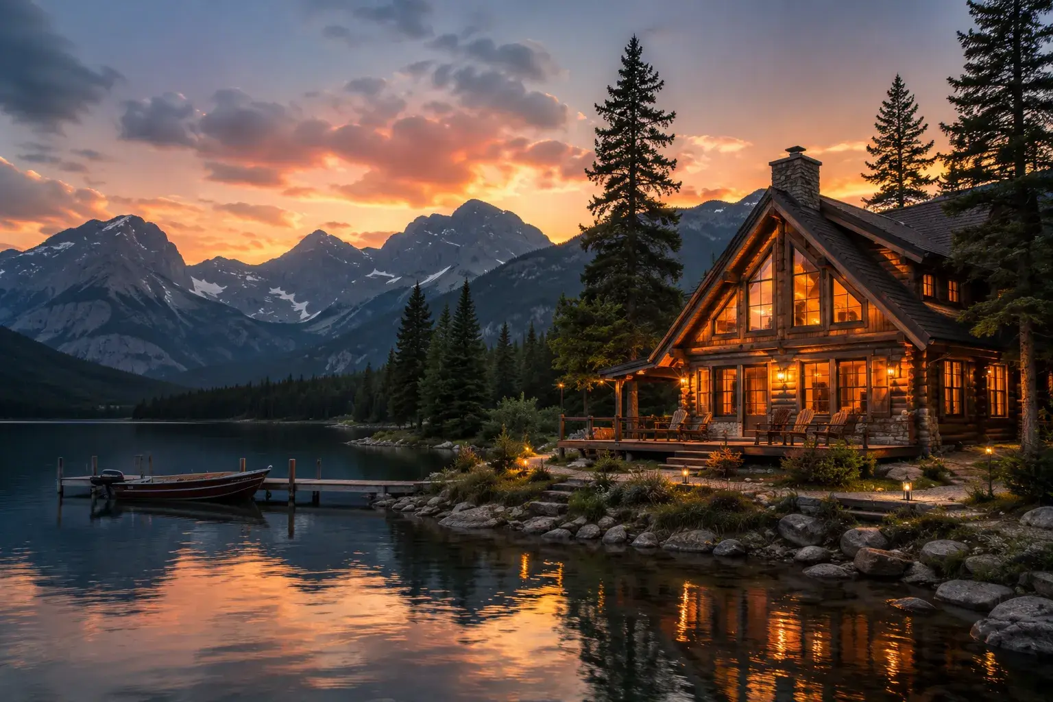 A lakeside cabin at sunset